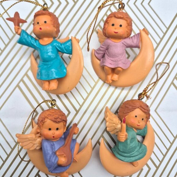 Vintage Moonbeams In Box Holiday Ornaments Lot of 4 Adorable Child Angel on Moon - Picture 1 of 5